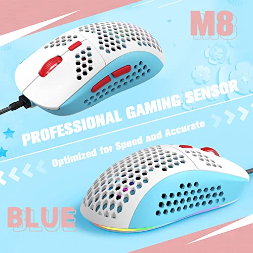 YINDIAO T8 60% RGB Gaming Tastatur und Maus Set + Gewendeltes USB-C Kabel,Kabelgebundene Mechanische Tastatur,68 Tasten TKL Compact Layout,Maus mit Wabenstruktur,Bis zu 6400DPI,für PC MAC PS5 -Blau Bild 5
