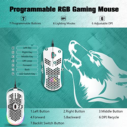 383 PRO Ultraleichte kabelgebundene Gaming-Maus, leichte Wabenschale, 6 RGB-atmungsaktive Hintergrundbeleuchtung, 6 einstellbare DPI 6400, USB-optisches Modell Win10/XP/Xbox/PS4/PS5/Mac/HP/Acer Bild 3