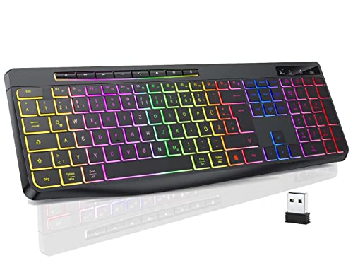 TECURS Tastatur Kabellose Gaming - Leise Tastatur QWERTZ Beleuchtet Ergonomisch Wasserdicht, 2.4Ghz Led Keyboard für Windows/Mac /PS4/ Xbox mit Multimedia-Tasten Schwarz Bild 1