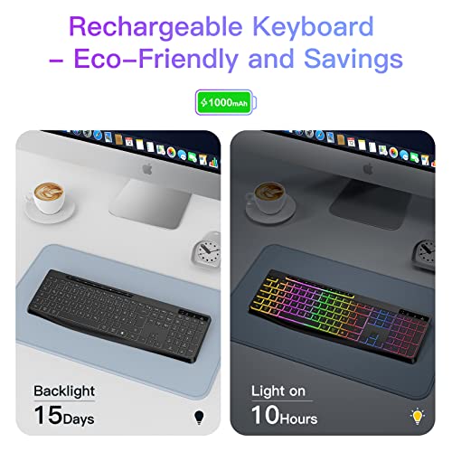 TECURS Tastatur Kabellose Gaming - Leise Tastatur QWERTZ Beleuchtet Ergonomisch Wasserdicht, 2.4Ghz Led Keyboard für Windows/Mac /PS4/ Xbox mit Multimedia-Tasten Schwarz Bild 2
