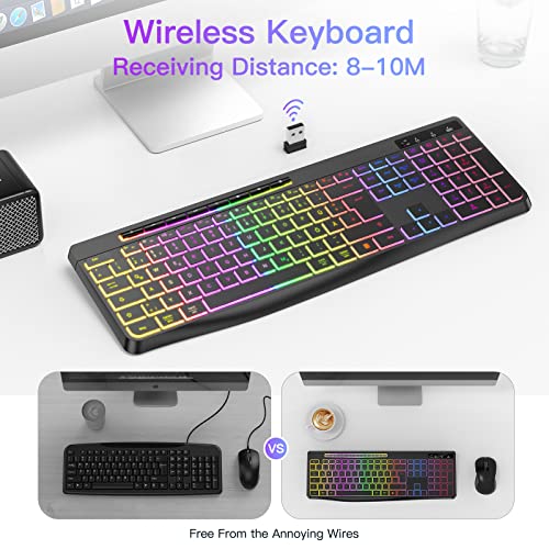 TECURS Tastatur Kabellose Gaming - Leise Tastatur QWERTZ Beleuchtet Ergonomisch Wasserdicht, 2.4Ghz Led Keyboard für Windows/Mac /PS4/ Xbox mit Multimedia-Tasten Schwarz Bild 3