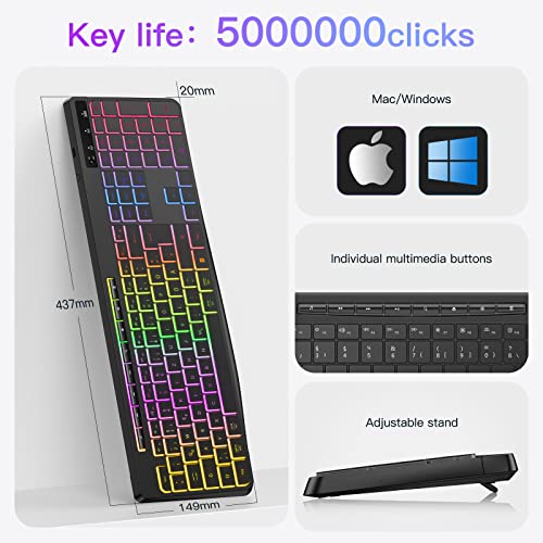TECURS Tastatur Kabellose Gaming - Leise Tastatur QWERTZ Beleuchtet Ergonomisch Wasserdicht, 2.4Ghz Led Keyboard für Windows/Mac /PS4/ Xbox mit Multimedia-Tasten Schwarz Bild 5