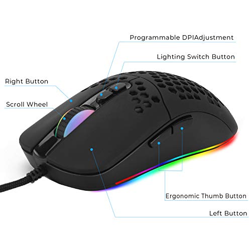 Kabelgebundene USB C Gaming Mäuse,Leichte Wabenschale,7200DPI,RGB-Leuchten für Apple MacBook,Computer oder Laptops mit Typ C Port-Mattschwarz Bild 2