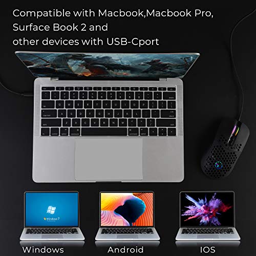 Kabelgebundene USB C Gaming Mäuse,Leichte Wabenschale,7200DPI,RGB-Leuchten für Apple MacBook,Computer oder Laptops mit Typ C Port-Mattschwarz Bild 7