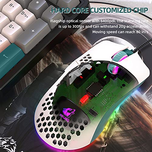 Kabelgebundene Gaming-Maus, leichte 69-G-Maus mit Wabenschale und 6400 DPI, programmierbare USB-Gaming-Mäuse mit 6 Tasten, für PC-Gamer und Xbox- und PS4-Benutzer - Grün-Weiß-Mix Bild 4