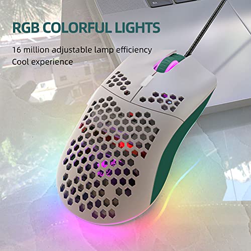 Kabelgebundene Gaming-Maus, leichte 69-G-Maus mit Wabenschale und 6400 DPI, programmierbare USB-Gaming-Mäuse mit 6 Tasten, für PC-Gamer und Xbox- und PS4-Benutzer - Grün-Weiß-Mix Bild 5