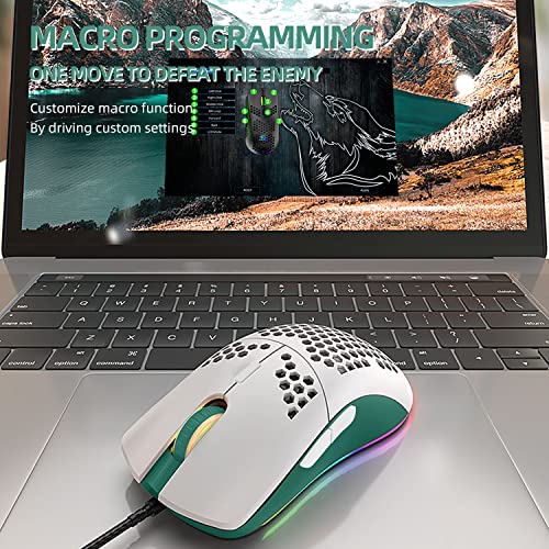 Kabelgebundene Gaming-Maus, leichte 69-G-Maus mit Wabenschale und 6400 DPI, programmierbare USB-Gaming-Mäuse mit 6 Tasten, für PC-Gamer und Xbox- und PS4-Benutzer - Grün-Weiß-Mix Bild 7