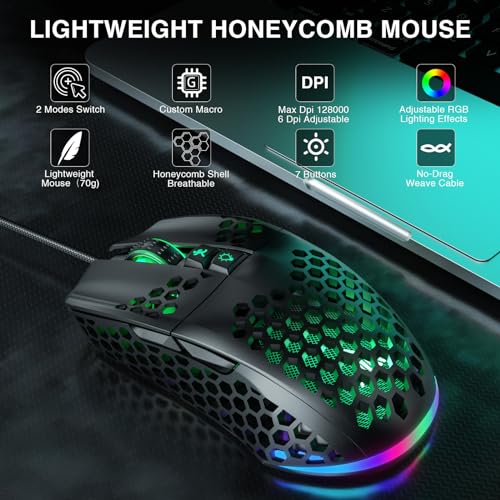 SOLAKAKA RGB-Gaming-Maus mit Wabenstruktur, verstellbar, 12800 DPI, 7 programmierbare Tasten, leichte Gaming-Maus, ergonomische Computermaus, Gaming für Windows/PC/Mac/Laptop-Gamer Bild 2