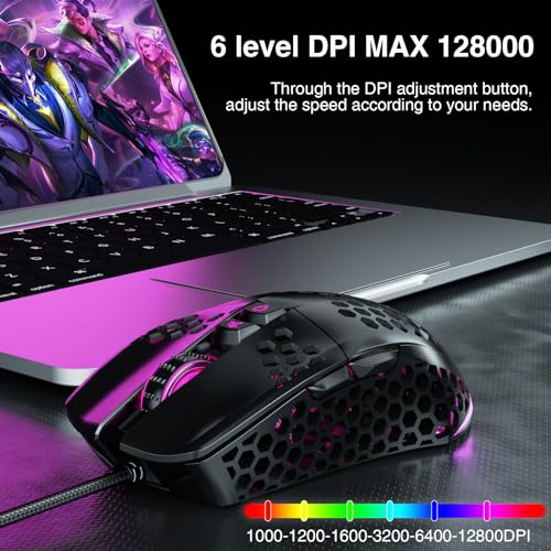 SOLAKAKA RGB-Gaming-Maus mit Wabenstruktur, verstellbar, 12800 DPI, 7 programmierbare Tasten, leichte Gaming-Maus, ergonomische Computermaus, Gaming für Windows/PC/Mac/Laptop-Gamer Bild 3