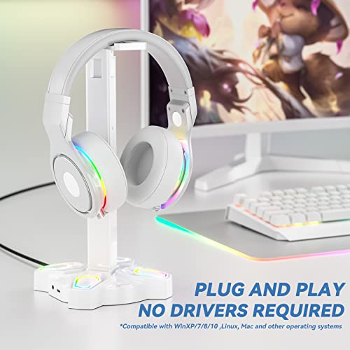 KDD Gaming Headset Halterung LED mit USB Typ-C Ladegeräten, Universal Kopfhörer Halter & Controller Halter mit 9 Lichtmodi, Drehbare Headset Ständer mit 3,5mm AUX für Alle Kopfhörer PS4 Xbox (Weiß) Bild 2