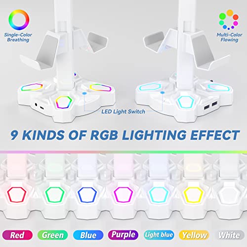 KDD Gaming Headset Halterung LED mit USB Typ-C Ladegeräten, Universal Kopfhörer Halter & Controller Halter mit 9 Lichtmodi, Drehbare Headset Ständer mit 3,5mm AUX für Alle Kopfhörer PS4 Xbox (Weiß) Bild 3