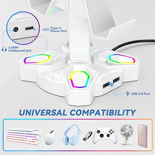 KDD Gaming Headset Halterung LED mit USB Typ-C Ladegeräten, Universal Kopfhörer Halter & Controller Halter mit 9 Lichtmodi, Drehbare Headset Ständer mit 3,5mm AUX für Alle Kopfhörer PS4 Xbox (Weiß) Bild 4