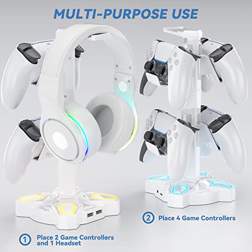 KDD Gaming Headset Halterung LED mit USB Typ-C Ladegeräten, Universal Kopfhörer Halter & Controller Halter mit 9 Lichtmodi, Drehbare Headset Ständer mit 3,5mm AUX für Alle Kopfhörer PS4 Xbox (Weiß) Bild 6