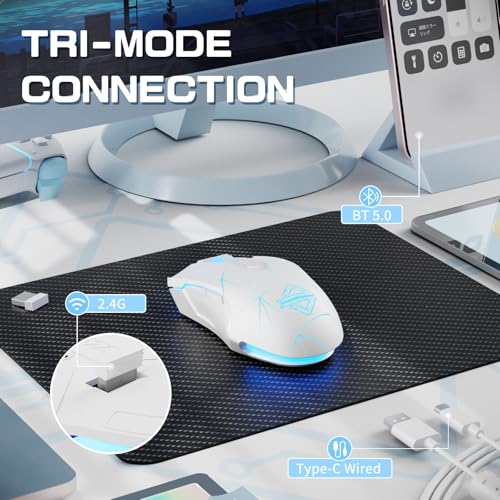 AJ52PRO Wireless Gaming Maus, 10K DPI Sensor, Tri Mode, kabellos - RF2.4G/BT5.0/USB Wired, Rainbow Beleuchtung, 8 Programmable Tasten, Ultraleicht Wiederaufladbare für PC/Mac-Weiß Bild 2