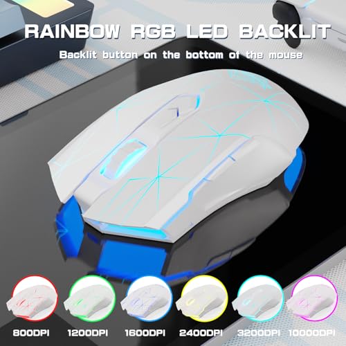 AJ52PRO Wireless Gaming Maus, 10K DPI Sensor, Tri Mode, kabellos - RF2.4G/BT5.0/USB Wired, Rainbow Beleuchtung, 8 Programmable Tasten, Ultraleicht Wiederaufladbare für PC/Mac-Weiß Bild 3