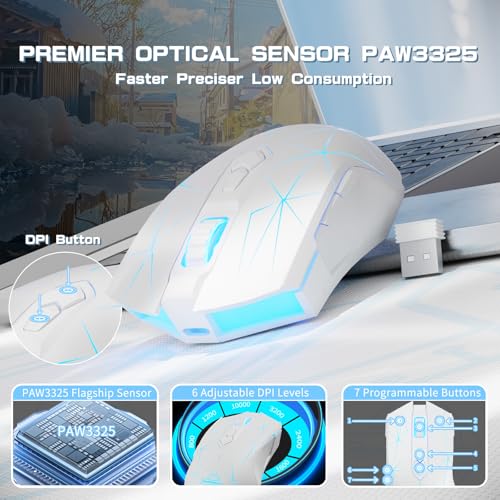 AJ52PRO Wireless Gaming Maus, 10K DPI Sensor, Tri Mode, kabellos - RF2.4G/BT5.0/USB Wired, Rainbow Beleuchtung, 8 Programmable Tasten, Ultraleicht Wiederaufladbare für PC/Mac-Weiß Bild 4