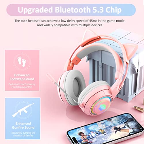 Kinder Bluetooth kopfhörer, Katzenohr Bluetooth Kopfhörer mit RGB Licht, Bluetooth 5.3 Stereo-Gaming-Headset, Over-Ear-Kopfhörer mit 50 mm Treiber für Kinder und Erwachsene Bild 3