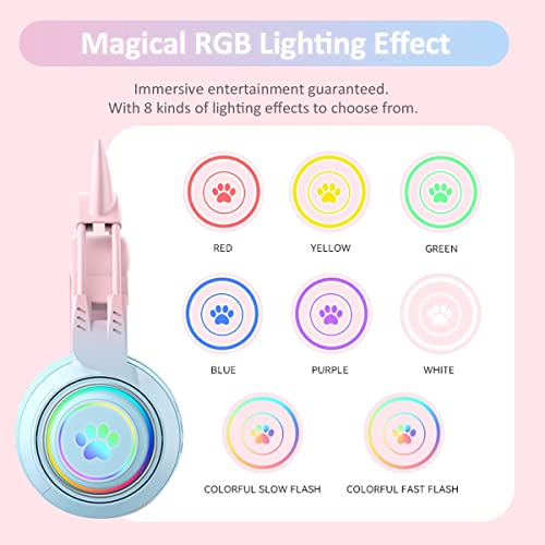 Kinder Bluetooth kopfhörer, Katzenohr Bluetooth Kopfhörer mit RGB Licht, Bluetooth 5.3 Stereo-Gaming-Headset, Over-Ear-Kopfhörer mit 50 mm Treiber für Kinder und Erwachsene Bild 4