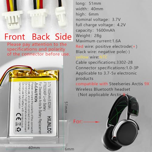 DC 3.7V 1600mAh FT603048P Wiederaufladbare Li-Ionen Polymer Batterie für Steelseries Arctis 9X Wireless Gaming Headset Battery Replacement und DIY 3.7-5V elektronische Produkte Batterieaustausch Bild 2