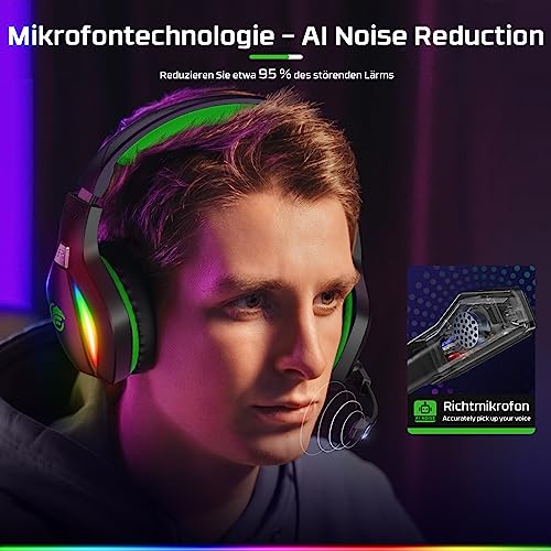 Fachixy FC100 Gaming Headset für PS4, PS5, PC, Xbox, Nintendo Switch, Gaming Kopfhörer mit Kabel und RGB Licht, Stereo Surround Kopfhörer mit Mikrofon, Noise Cancelling Gamer Headphones - GRÜN Bild 3
