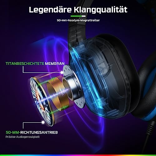 Fachixy FC200 Gaming Headset für PS4, PS5, PC, Xbox, Nintendo Switch, Gaming Headset mit Kabel und RGB Licht, Stereo Surround Kopfhörer mit Mikrofon, Noise Cancelling Headphones - BLAU Bild 2