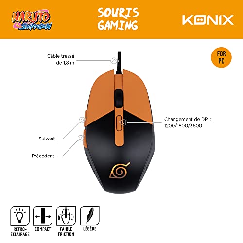 Konix Naruto Shippuden Gaming-Maus für PC - 3 DPI-Stufen - LED-Hintergrundbeleuchtung - 1,8 m Kabel - Konoha-Motiv - Schwarz und Orange Bild 5