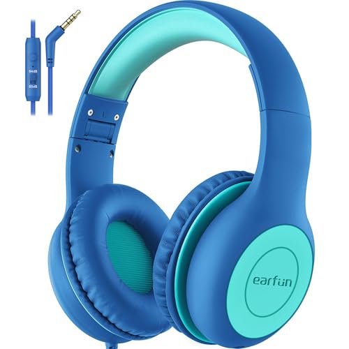 EarFun Kinder Kopfhörer, Kopfhörer Kinder mit Kabel, 85/94dB Lautstärkenbegrenzer, HiFi Klang, faltbar, verstellbar, Mic, Audio-Sharing, Over-Ear Kinderkopfhörer für Schule/Tablet/Reisen, Blau-Grün Bild 1