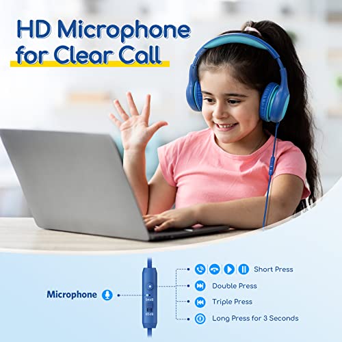EarFun Kinder Kopfhörer, Kopfhörer Kinder mit Kabel, 85/94dB Lautstärkenbegrenzer, HiFi Klang, faltbar, verstellbar, Mic, Audio-Sharing, Over-Ear Kinderkopfhörer für Schule/Tablet/Reisen, Blau-Grün Bild 2