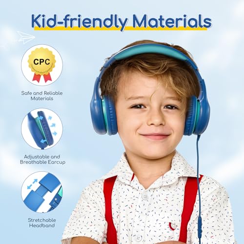 EarFun Kinder Kopfhörer, Kopfhörer Kinder mit Kabel, 85/94dB Lautstärkenbegrenzer, HiFi Klang, faltbar, verstellbar, Mic, Audio-Sharing, Over-Ear Kinderkopfhörer für Schule/Tablet/Reisen, Blau-Grün Bild 4