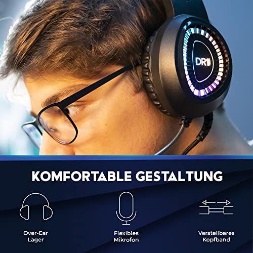 DR1TECH FireScout+ LED Kopfhörer Mit Kabel Und Mikrofon Für PC/PS/Xbox - 40mm Over Ear Kopfhörer Treiber mit Audio Stereo - 3.5mm Klinkenstecker und USB + Adapter Enthalten Bild 2