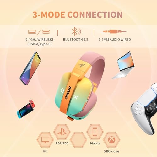 Somic G810 Kabellose Kopfhörer 2.4G Low Latency Headset für PC PS4 PS5 Laptop, Kabellose Bluetooth 5.2 Kopfhörer mit integriertem Mikrofon, RGB-Licht (Xbox funktioniert nur im kabelgebundenen Modus) Bild 7