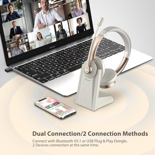 Wireless Headset mit Mikrofon, V5.1 Bluetooth, Geräuschunterdrückung und Stummschaltung/Ladestation/Dongle, Kit für Laptop/MS Teams/Zoom Bild 6