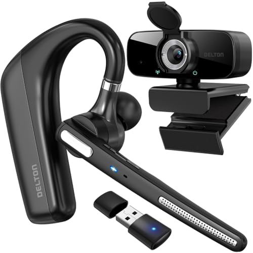 Delton Kabelloses Headset mit 1080p Webcam, Einohr-Bluetooth-Computer-Headset mit Ladehülle, Mikrofon mit Geräuschunterdrückung, USB-Dongle für PC/Laptop/Smartphone, kompatibel mit allen Meeting-Apps Bild 1