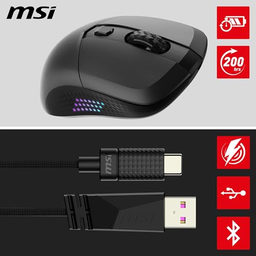 MSI Versa 300 Elite Wireless Gaming-Maus – 26.000 DPI-Optosensor, 1000 Hz Polling-Rate, symmetrisch, 60 Mio. klick-OMRON-Schalter, 200-Stunden-Batterie, 1 ms Latenz, RGB, 65 g – verkabelt/kabellos Bild 4