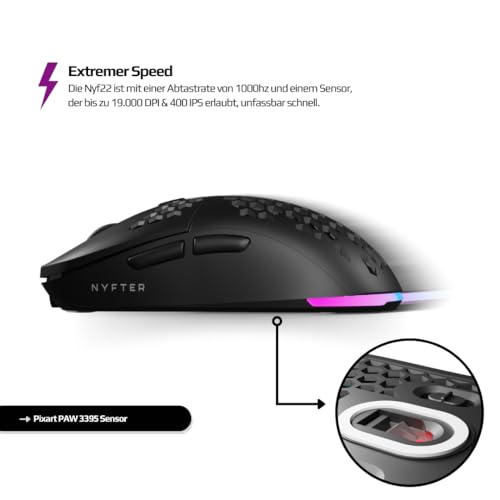 Nyfter - NYF22 Wireless Gaming Mouse Ultraleicht 75g leistungsstark mit 400mA 19K DPI, 400 IPS 1000 hz 50h Akkulaufzeit langlebig Zwei wechselbare Cases inkl. Bild 2