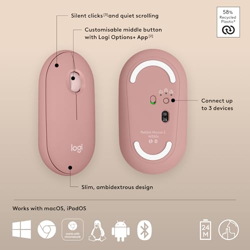 Logitech Pebble Mouse 2 M350s Schlanke Bluetooth-Maus, kabellos, tragbar, leicht, anpassbare Taste, leise Klicks, Easy-Switch für Windows, MacOS, iPadOS, Android, Chrome OS - Tonal Rose Bild 6