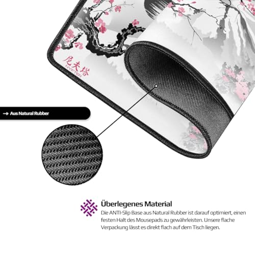 Nyfter - XXL Gaming Mauspad Sakura Weiß 900 x 500mm Premium Fuji Mousepad Size Groß vernähte Kanten langlebig mit high-end Glide und Anti-Rutsch Bild 2