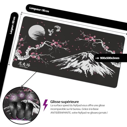 Nyfter - XXL Gaming Mauspad Sakura Weiß 900 x 500mm Premium Fuji Mousepad Size Groß vernähte Kanten langlebig mit high-end Glide und Anti-Rutsch Bild 4
