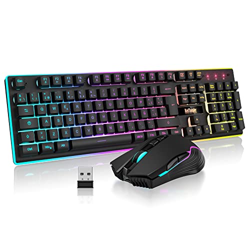 RedThunder K10 Gaming-Tastatur, mechanisches Gefühl, RGB-Hintergrundbeleuchtung, wiederaufladbarer Akku mit 3800 mAh, Anti-Ghosting + 7D-Maus, 3200 DPI, ES-Layout, für PC/PS5/Xbox, Schwarz Bild 1