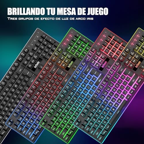 RedThunder K10 Gaming-Tastatur, mechanisches Gefühl, RGB-Hintergrundbeleuchtung, wiederaufladbarer Akku mit 3800 mAh, Anti-Ghosting + 7D-Maus, 3200 DPI, ES-Layout, für PC/PS5/Xbox, Schwarz Bild 2