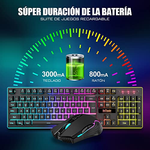 RedThunder K10 Gaming-Tastatur, mechanisches Gefühl, RGB-Hintergrundbeleuchtung, wiederaufladbarer Akku mit 3800 mAh, Anti-Ghosting + 7D-Maus, 3200 DPI, ES-Layout, für PC/PS5/Xbox, Schwarz Bild 3
