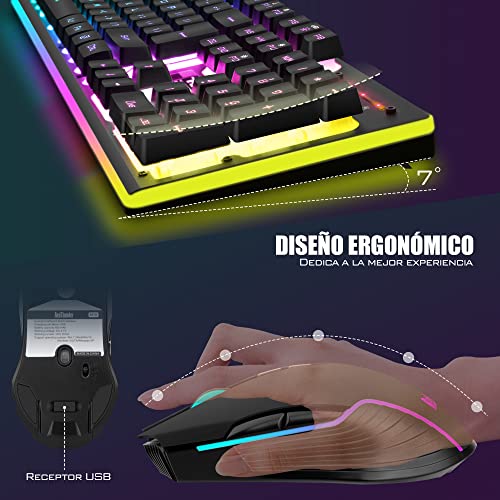 RedThunder K10 Gaming-Tastatur, mechanisches Gefühl, RGB-Hintergrundbeleuchtung, wiederaufladbarer Akku mit 3800 mAh, Anti-Ghosting + 7D-Maus, 3200 DPI, ES-Layout, für PC/PS5/Xbox, Schwarz Bild 6