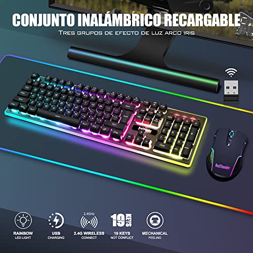 RedThunder K10 Gaming-Tastatur, mechanisches Gefühl, RGB-Hintergrundbeleuchtung, wiederaufladbarer Akku mit 3800 mAh, Anti-Ghosting + 7D-Maus, 3200 DPI, ES-Layout, für PC/PS5/Xbox, Schwarz Bild 7