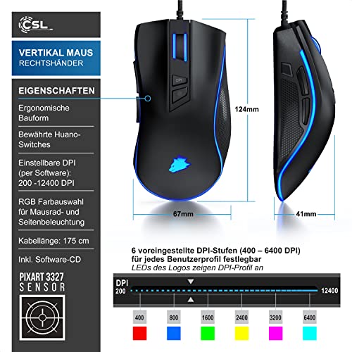 CSL-Computer TITANWOLF - Gaming Maus 12400 DPI mit RGB Beleuchtung, 8 programmierbare Tasten, Ergonomisches Design für ióptimalen Spielkomfort Bild 2
