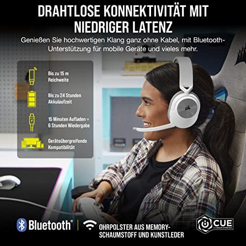 Corsair HS55 Wireless Gaming-Headset - Geringer Latenz 2,4-GHz-Wireless- oder Bluetooth, Dolby® Audio 7.1-Surround-Sound, Leichtgewicht, Omnidirektionales Mikrofon, Zugängliche Tasten - Weiß Bild 3