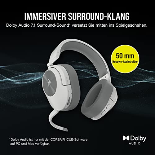 Corsair HS55 Wireless Gaming-Headset - Geringer Latenz 2,4-GHz-Wireless- oder Bluetooth, Dolby® Audio 7.1-Surround-Sound, Leichtgewicht, Omnidirektionales Mikrofon, Zugängliche Tasten - Weiß Bild 4