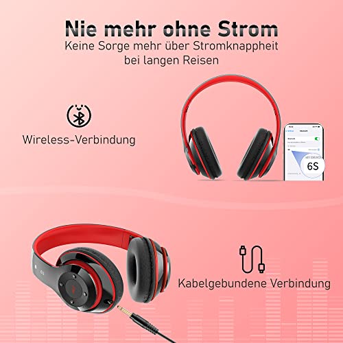 Kabellose Kopfhörer mit 6 EQ Modi, Kopfhörer Over Ear, 65 Std Kopfhörer Kabellos Bluetooth Over Ear mit Eingebautem HD-Mikrofon, FM, SD/TF für Outdoor, Transport, Reisen, Studium Bild 5