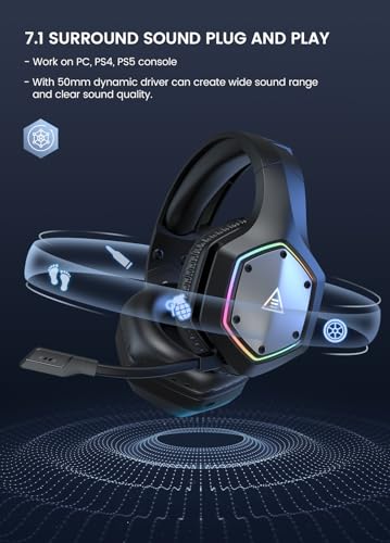 EKSA Wireless Gaming Headset für PS4 PS5 PC, 2.4G USB Headset mit Mikrofon 7.1 Surround Sound, ENC & RGB Licht, Gaming Kopfhörer Kabellos, 36 Stunden Akkulaufzeit 3,5mm Klinke Bild 3