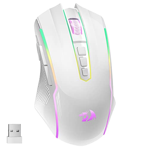 Redragon Gaming Maus Kabellose, RGB Wiederaufladbare Gaming-Maus mit 9 Macro Editing Programmierbare Tasten/8000 DPI, Ergonomische Wireless Gaming Maus, 70Hrs für PC/Mac Gamer, Weiß Bild 1