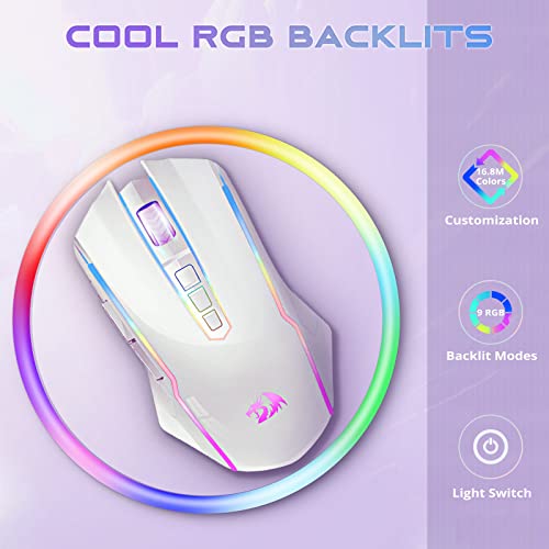 Redragon Gaming Maus Kabellose, RGB Wiederaufladbare Gaming-Maus mit 9 Macro Editing Programmierbare Tasten/8000 DPI, Ergonomische Wireless Gaming Maus, 70Hrs für PC/Mac Gamer, Weiß Bild 2
